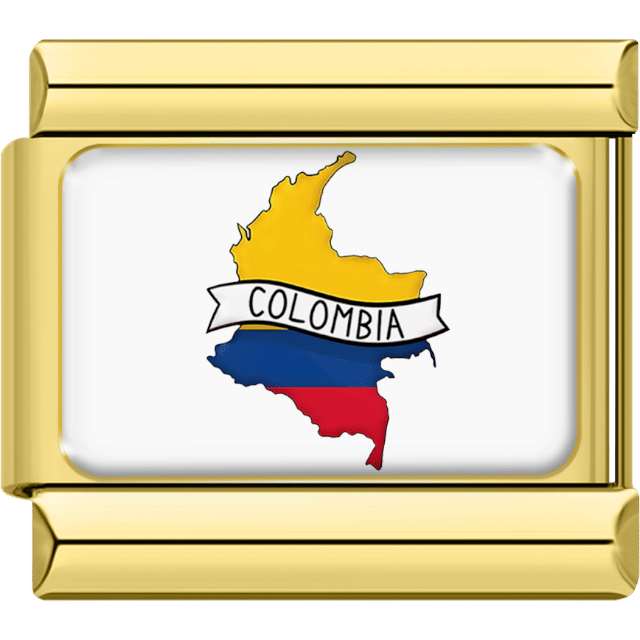 Rectangular Italian charm with a gold border featuring the shape of Colombia in flag colors yellow, blue and red, with a white banner reading “Colombia” across the map.